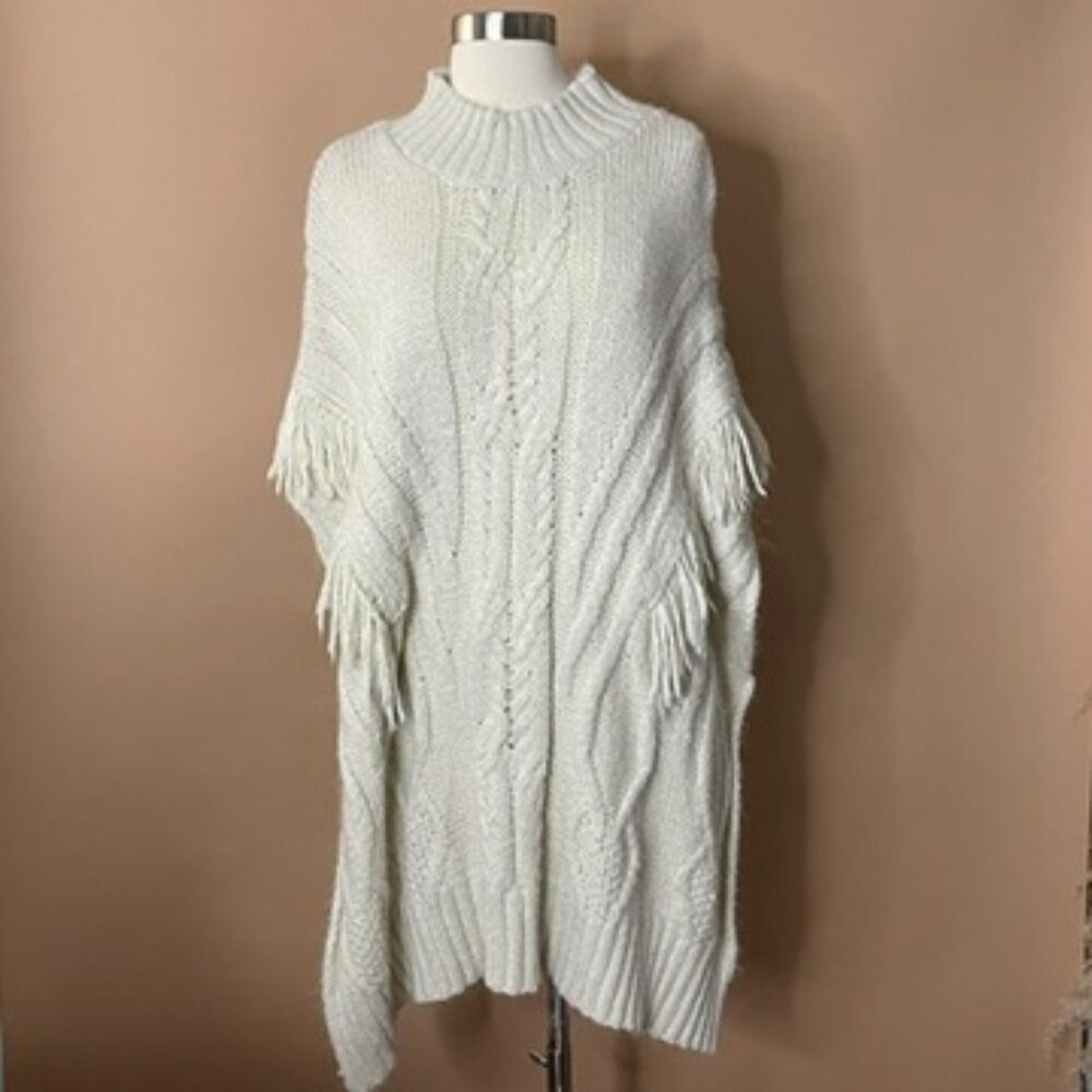 Apt. 9 Cream Cable Knit Poncho One Size Fringe Mock Neck Oversized Sweater